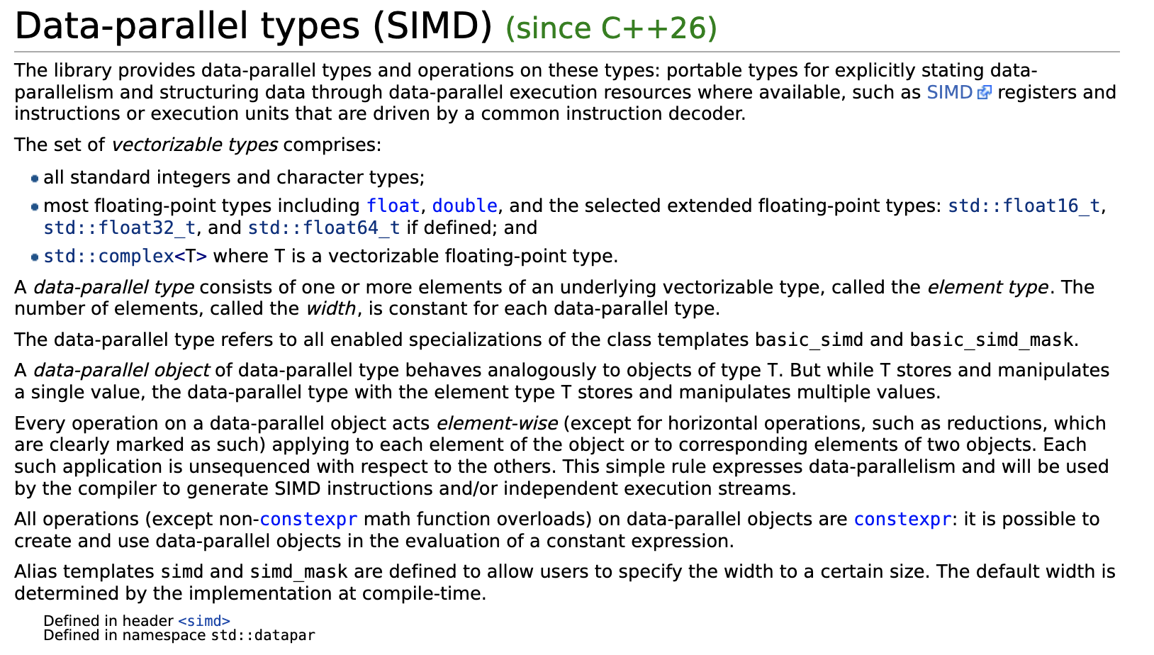 C++ SIMD documentation